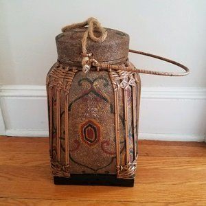 Asian Bamboo Tan Hand-Painted Rice Box With Lid Decorative Use